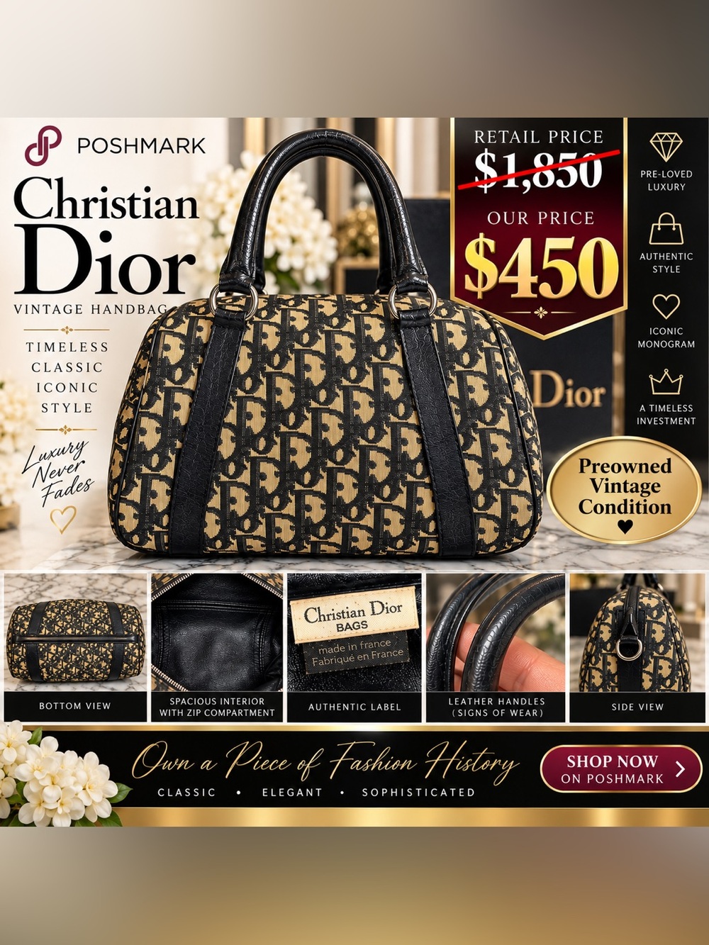 Dior Black and Beige Logo Canvas Boston Satchel with Leather Trim